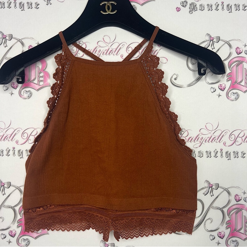 Bohemian crop top bra style open strappy back burnt rusty orange shirt boho